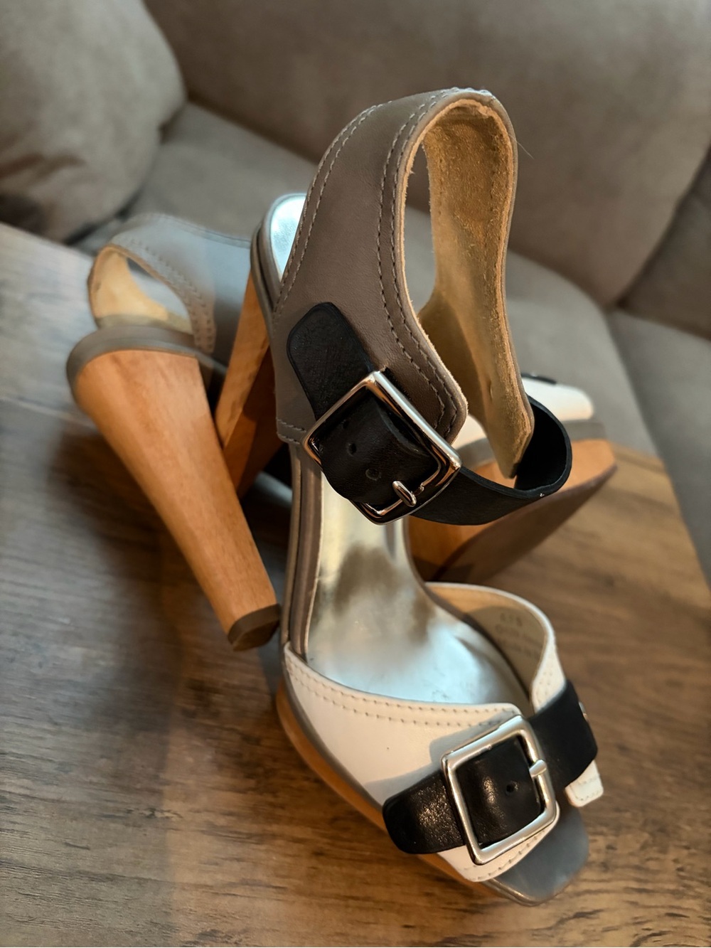 Coach Annissa Three Tone Platform Sandals - Taupe, Black & White